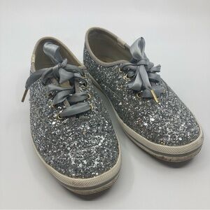 Keds Kate Spade all over silver glitter sparkle lace up tennis shoes sneakers 6